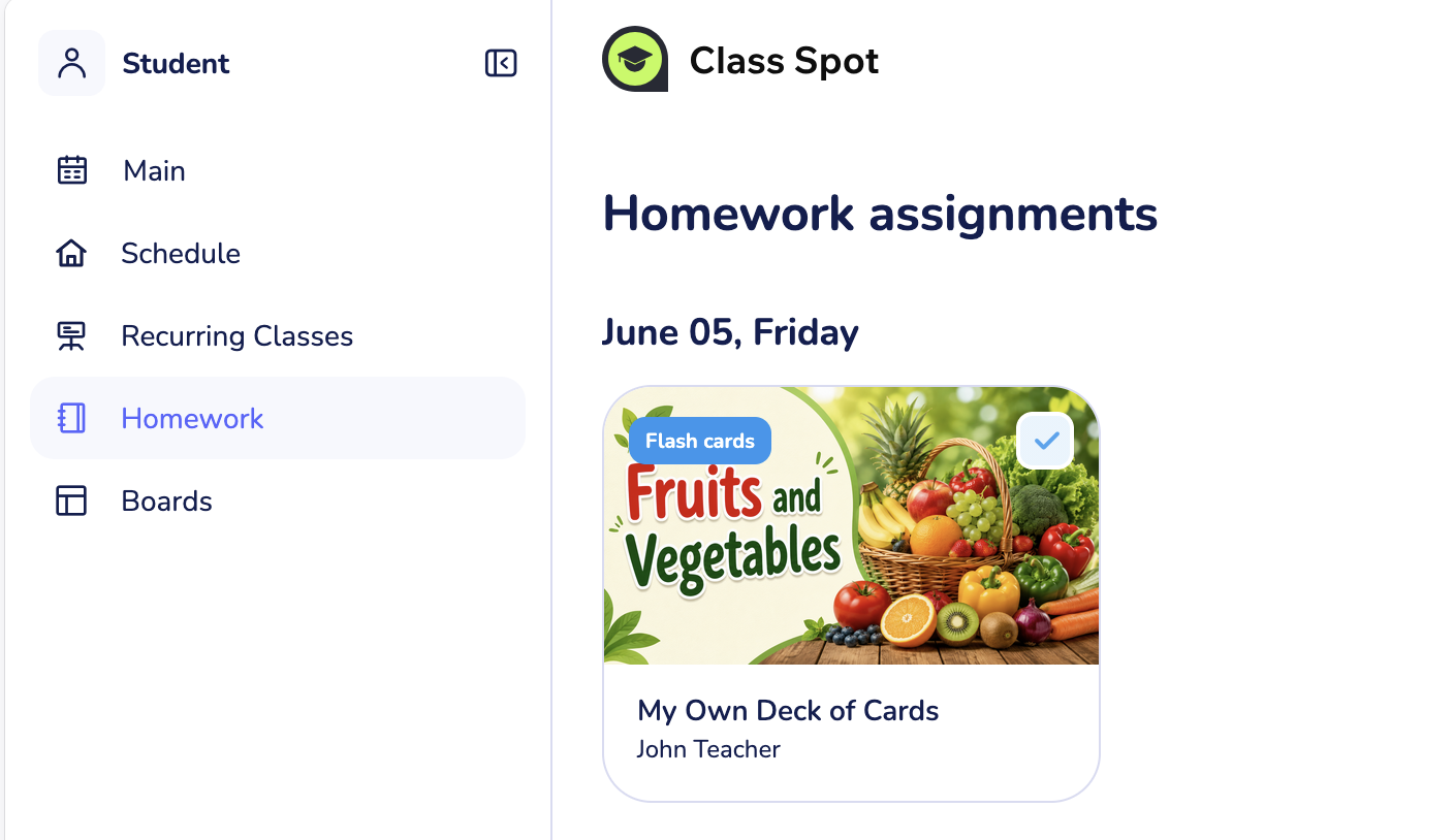 the student's Homework list with a Flash Cards assignment