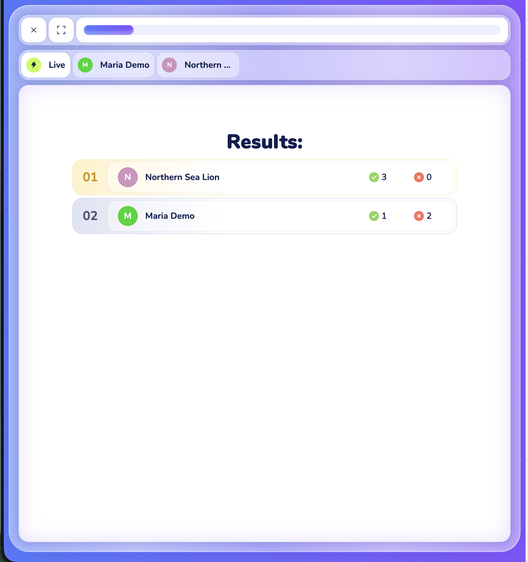 the Results leaderboard ranking the whole room by Correct count