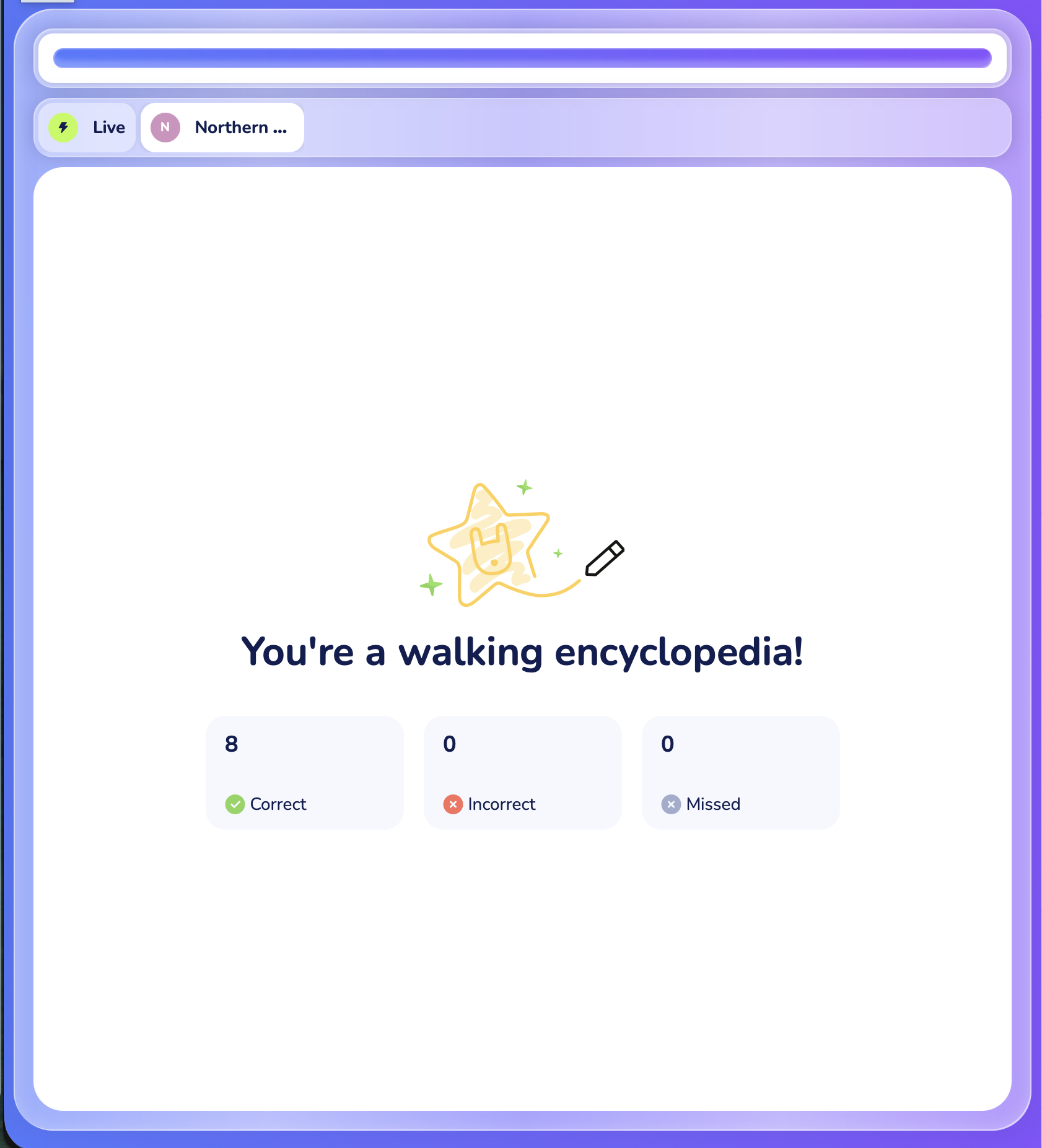 a student's end-of-deck results screen with the score and Correct / Incorrect / Missed counts