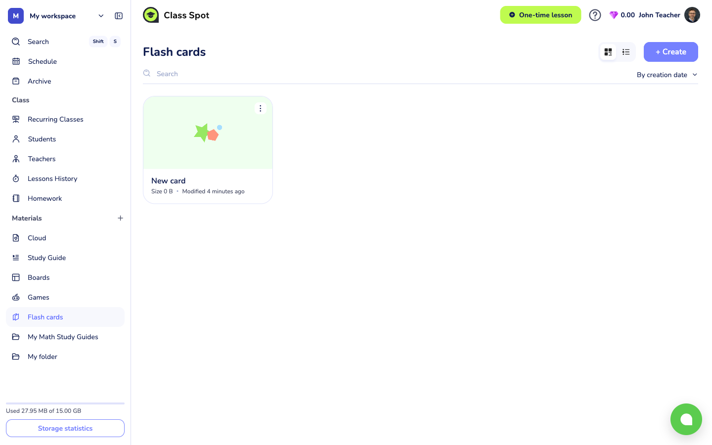 Materials → Flash Cards list page with a few decks visible