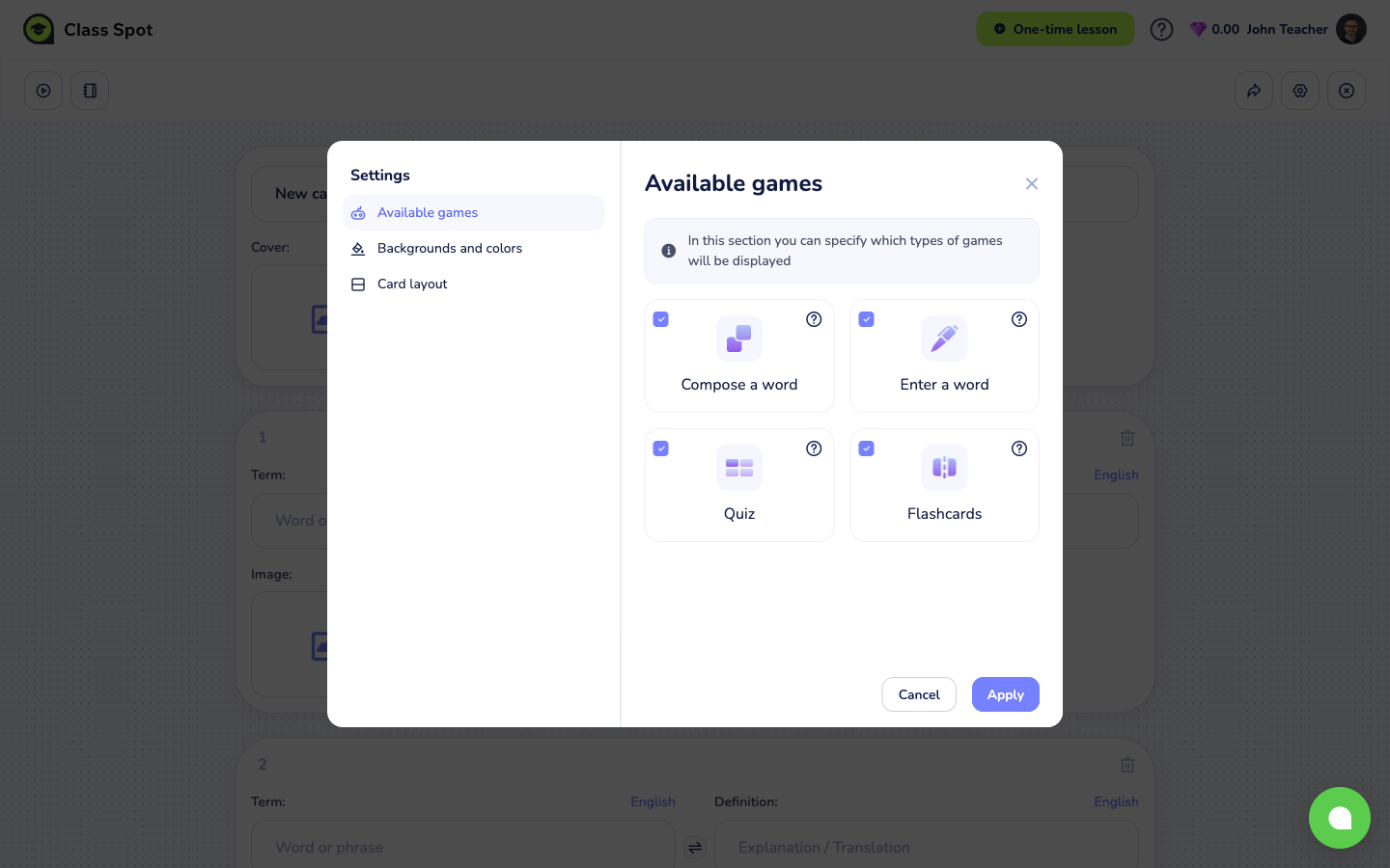 Settings window open on the Available games tab