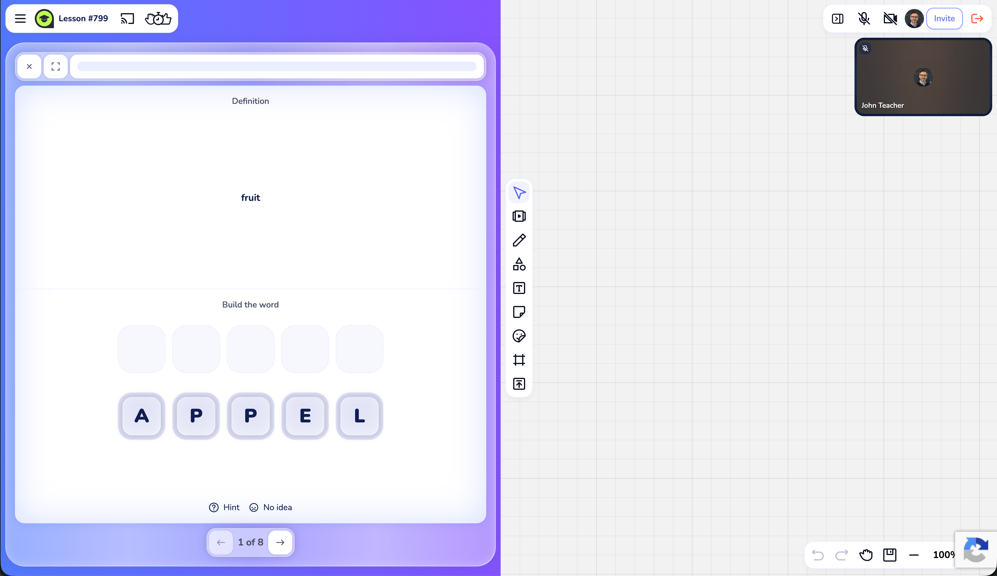 a Flash Cards deck open on the left of the lesson screen