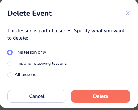 the "Delete Event" dialog for a lesson that is part of a series