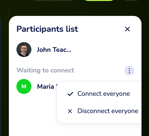 the Participants panel showing a student under "Waiting to connect" and the Connect everyone button