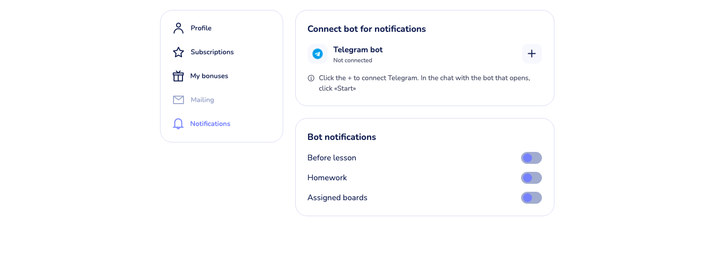 the Notifications settings page with the Telegram bot block and notification toggles