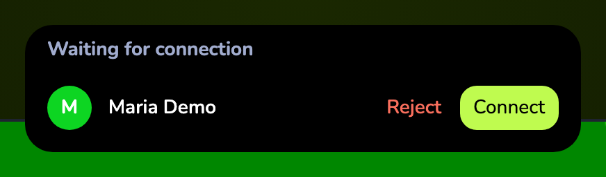 the "Waiting for connection" notification with Connect and Reject buttons in a live lesson
