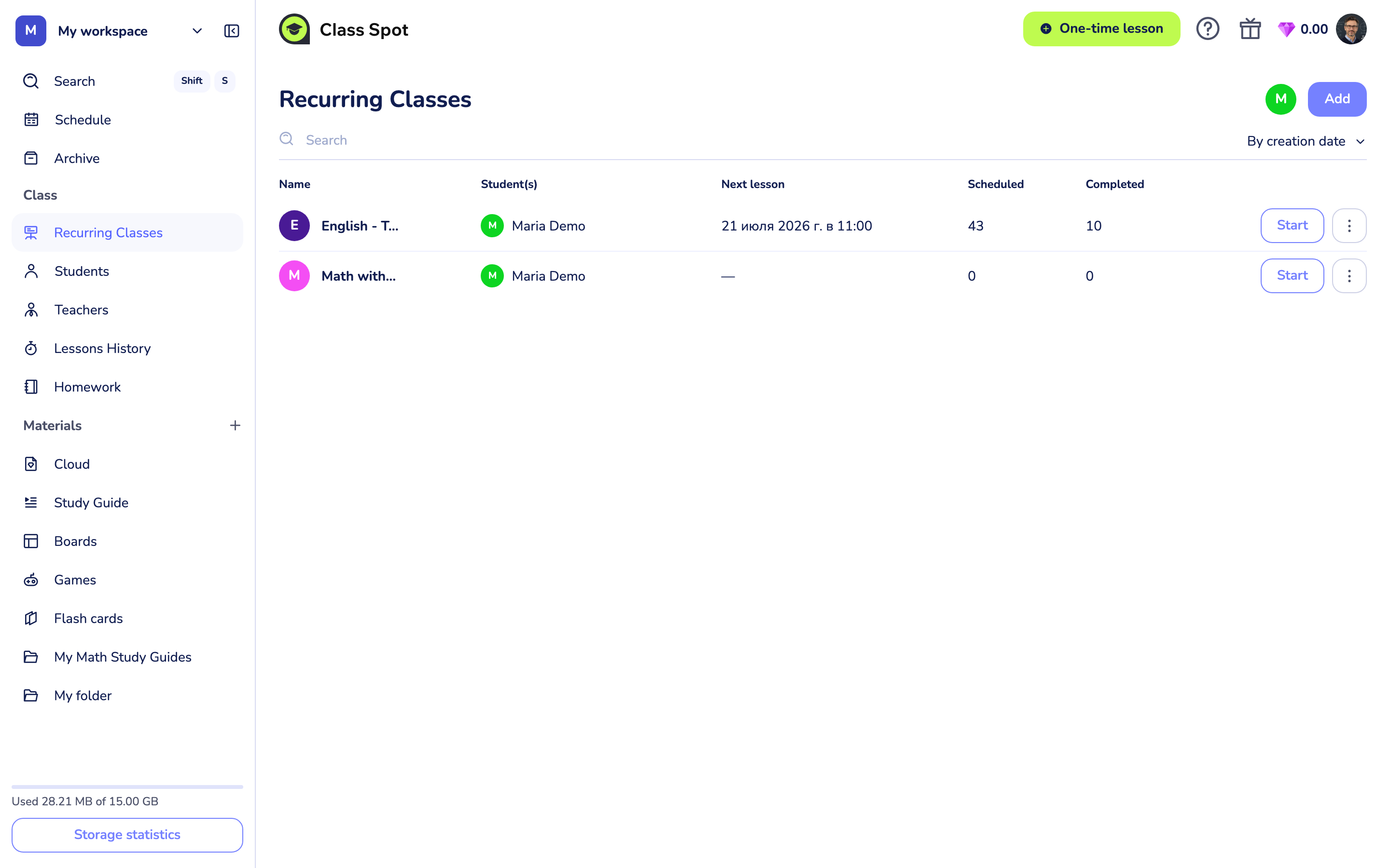 the Recurring Classes list showing classes with Name, Student(s), Next lesson, Scheduled and Completed columns