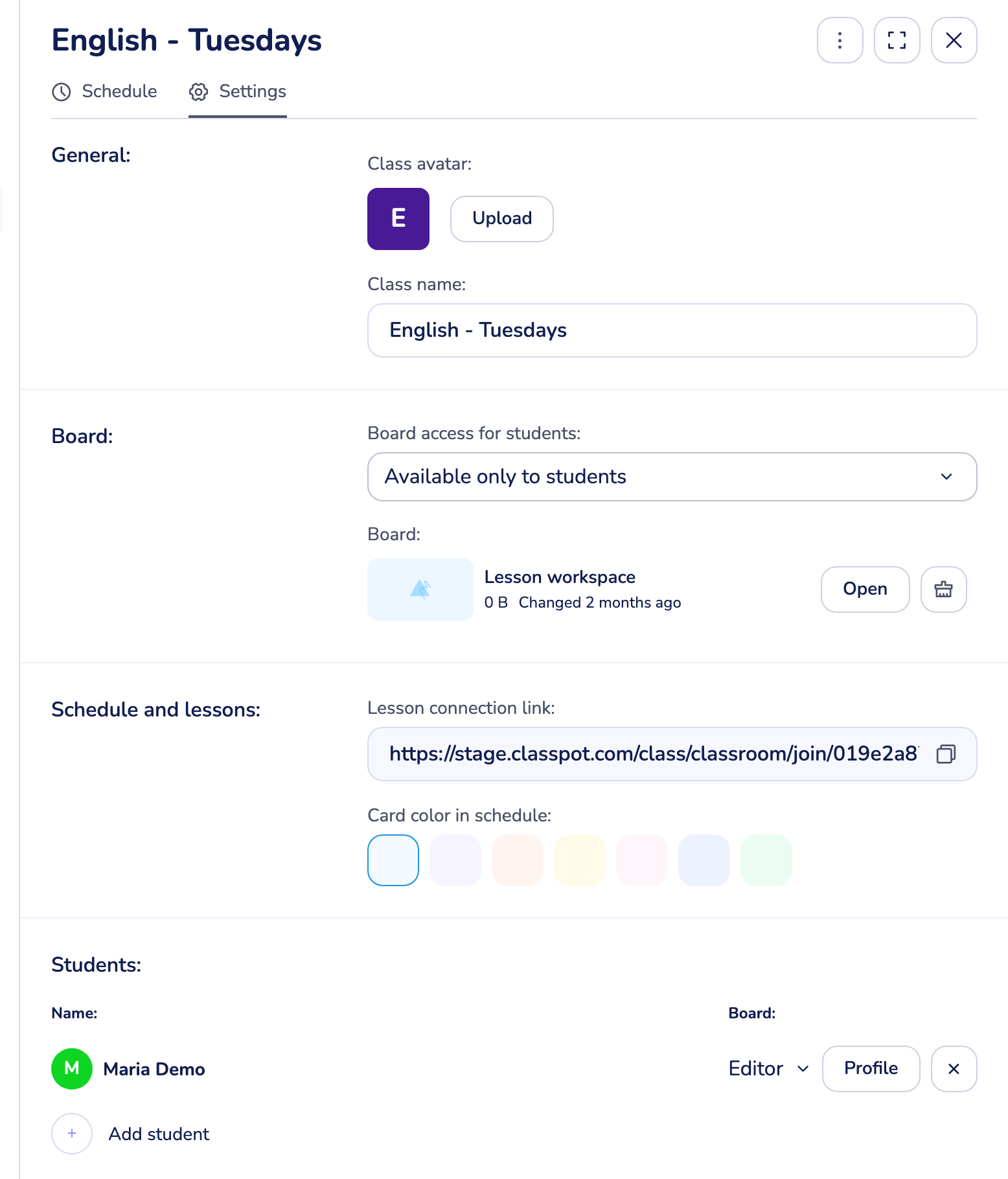 the Class Settings tab showing General, Board access for students, the Lesson connection link, and per-student board roles
