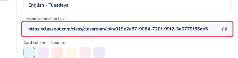 the Settings tab of a Recurring Class with the "Lesson connection link" field highlighted