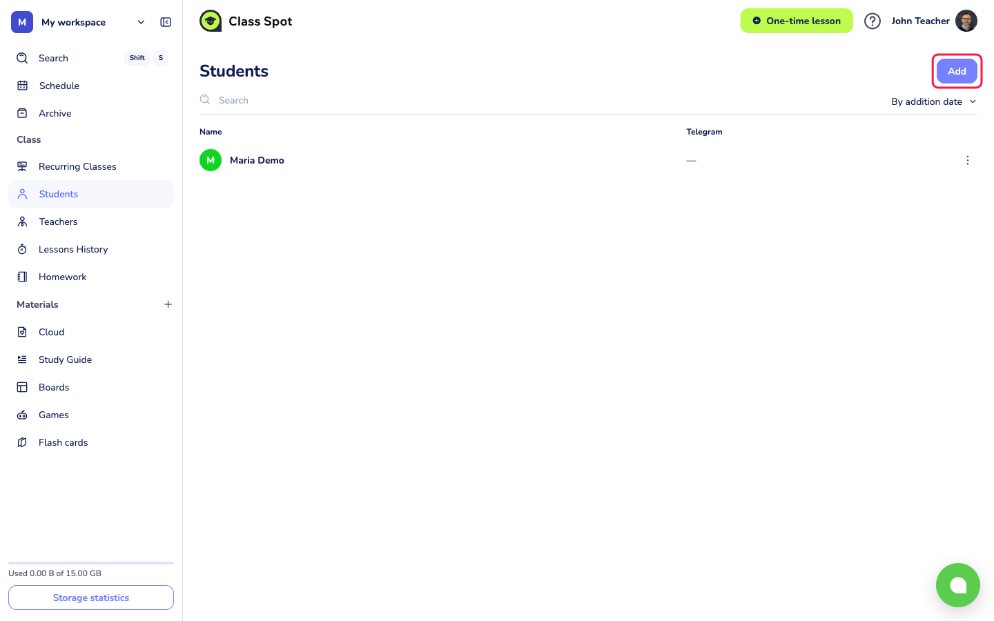 the Students page with the "+ Add" button highlighted