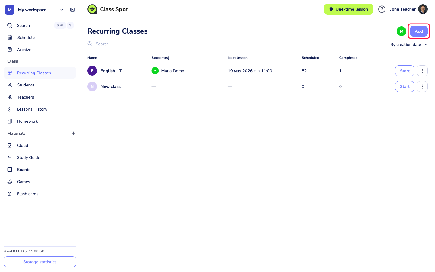 the Recurring Classes list page with the "+ Add" button highlighted