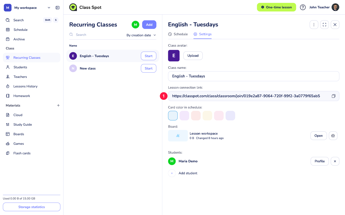 the Settings tab of a Recurring Class showing the Lesson connection link, Board, and Students sections