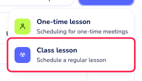 the "Create event" dropdown with "One-time lesson" and "Class lesson" options