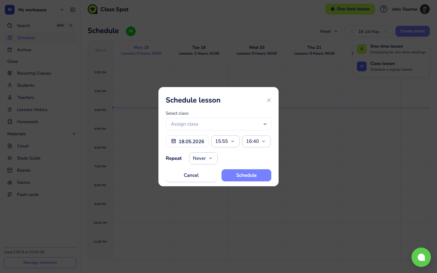 the modal for scheduling a Class lesson, with date, time, class picker, and repeat options