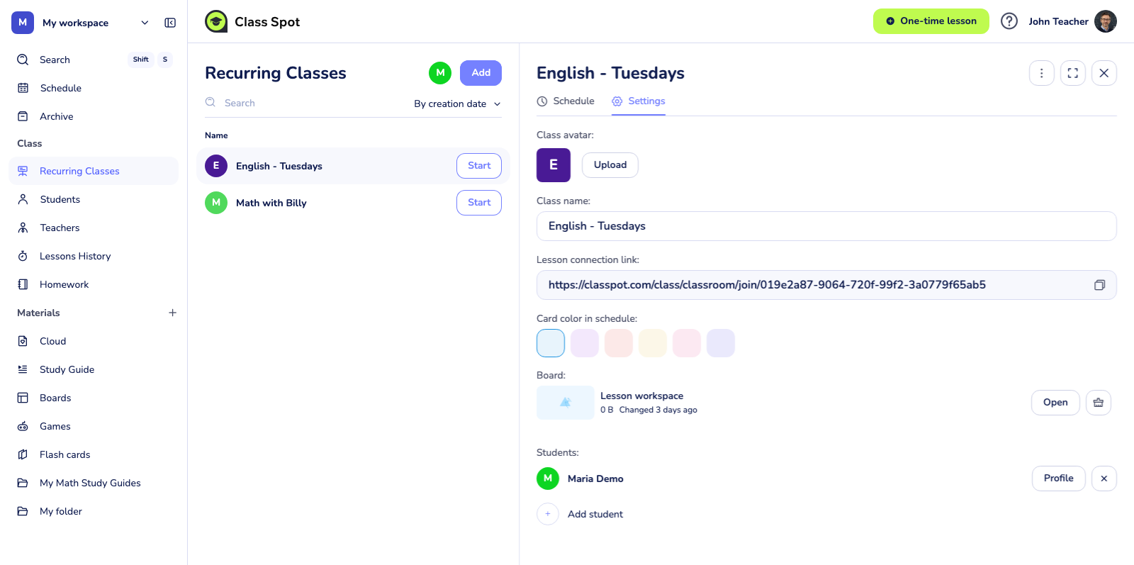Recurring Class Settings tab with the Board section visible