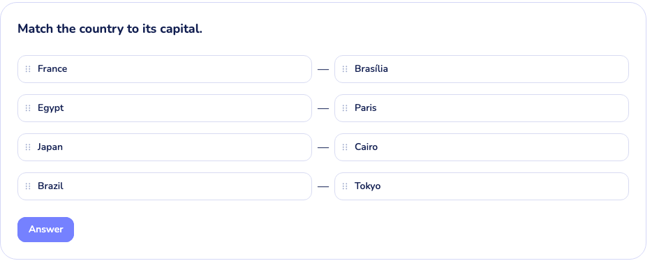 Find pair widget rendered for the student, two columns with items to match