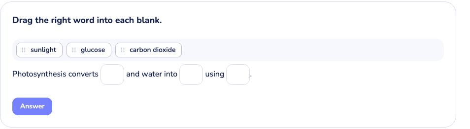 Drag answer widget rendered for the student, passage with blanks above a chip pool
