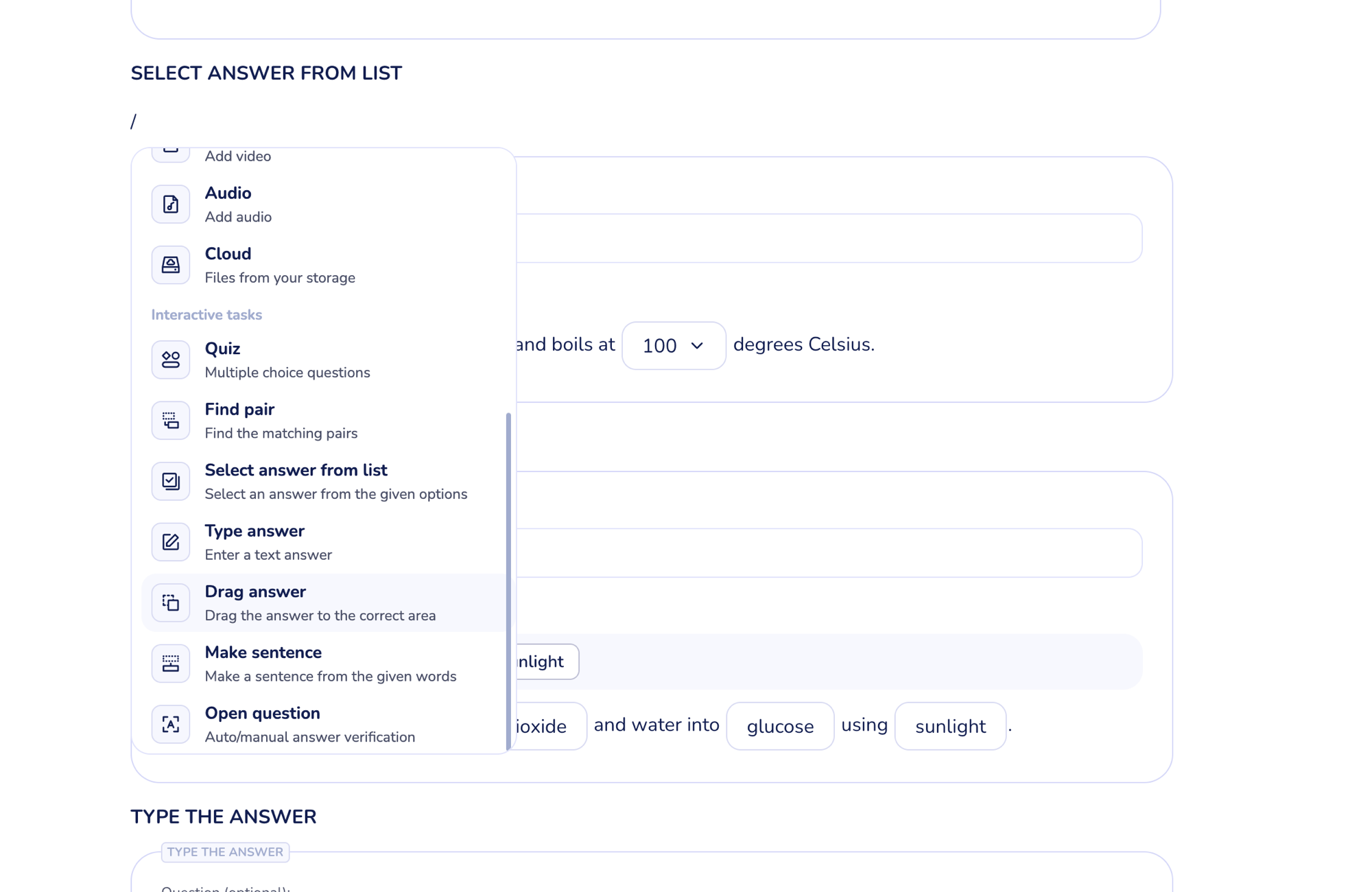 slash menu open with the Interactive group expanded