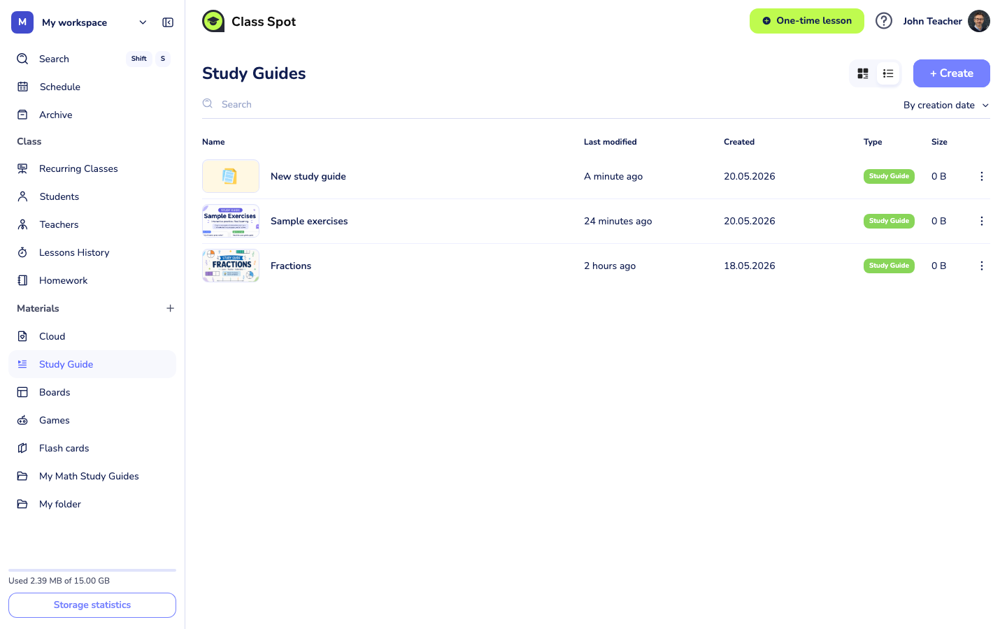 Materials → Study Guide list page with a few Study Guides visible