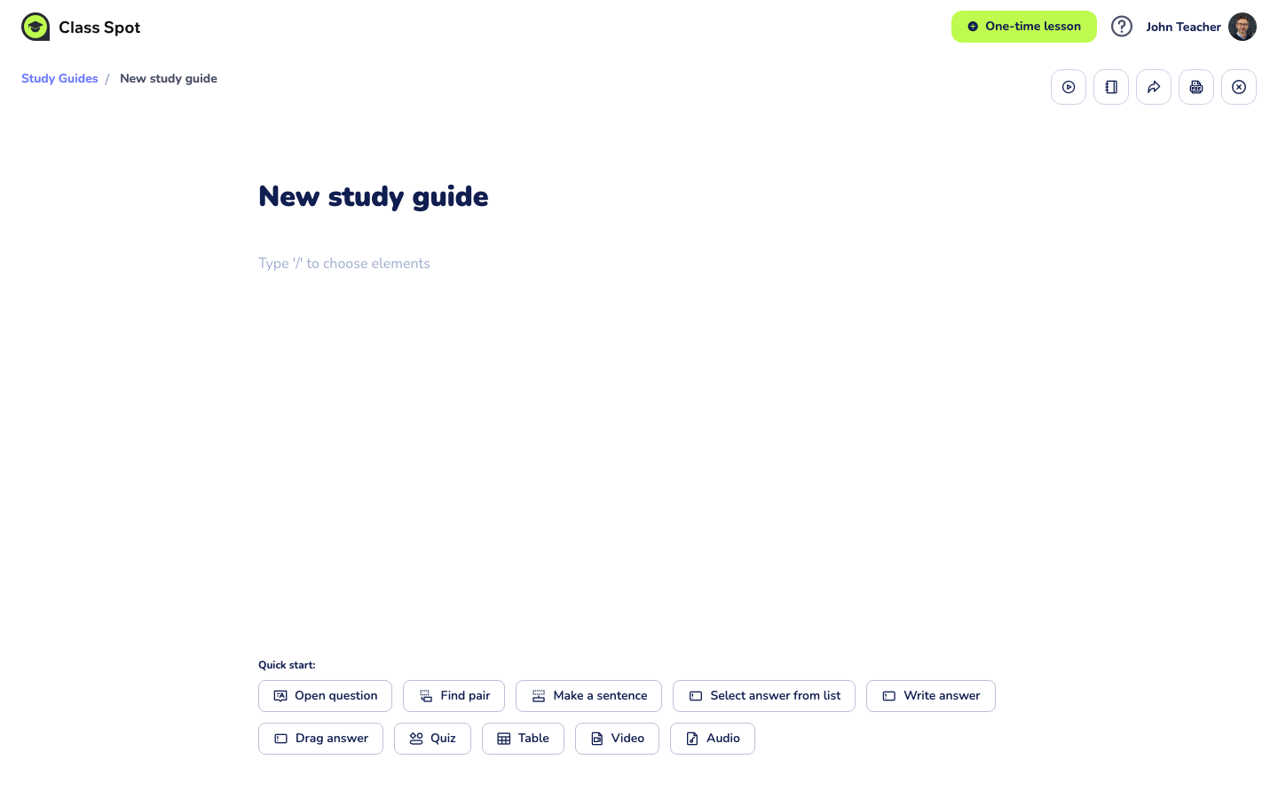 empty Study Guide editor with the title placeholder and the Quick start panel visible