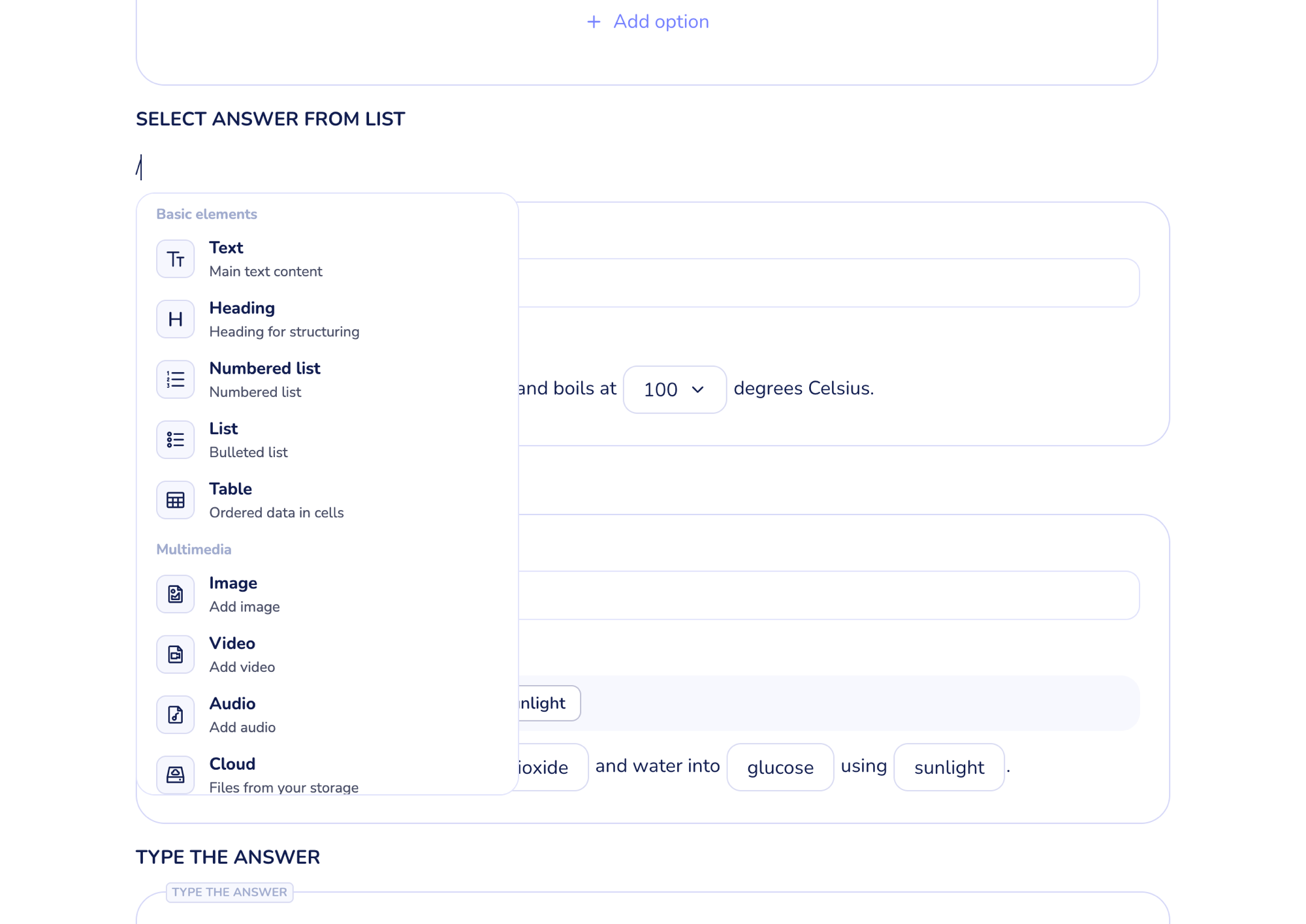 slash menu open on a paragraph, showing the three groups