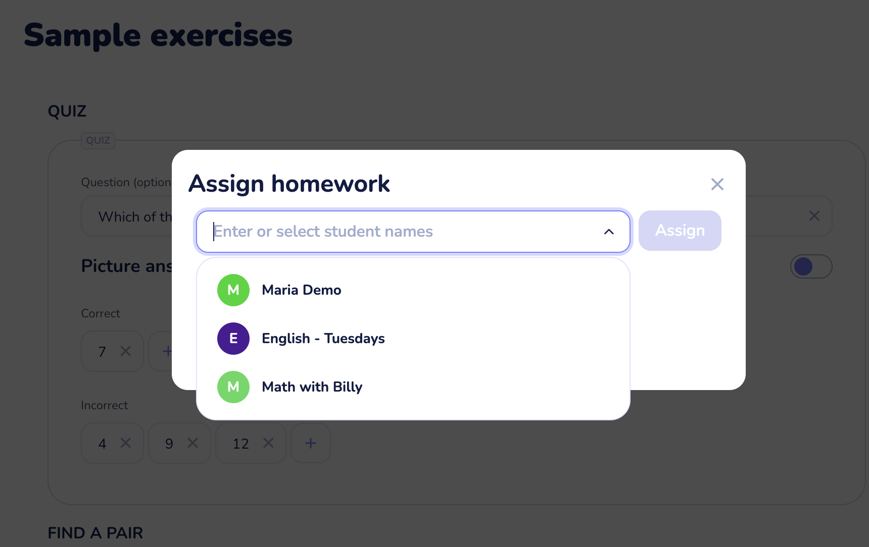 Assign homework modal with the recipient dropdown open showing classes and individual students