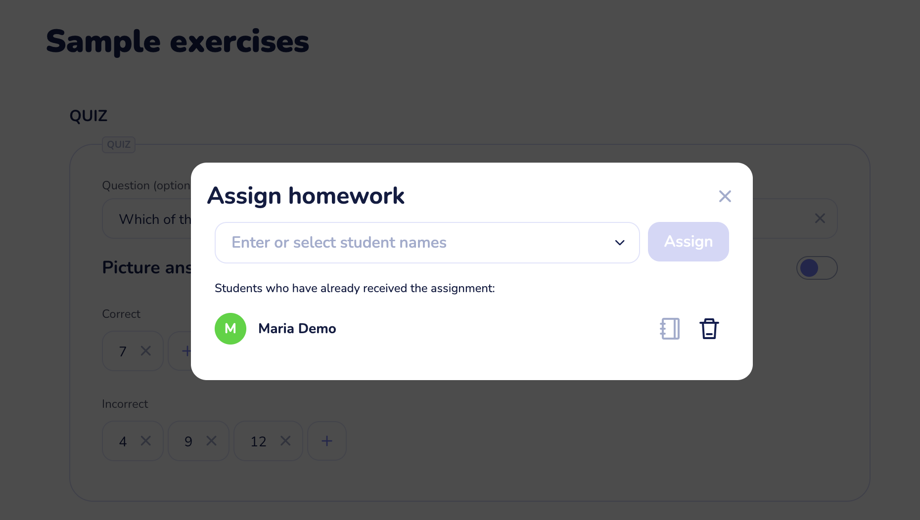 Assign homework modal after a successful assignment showing the already received panel